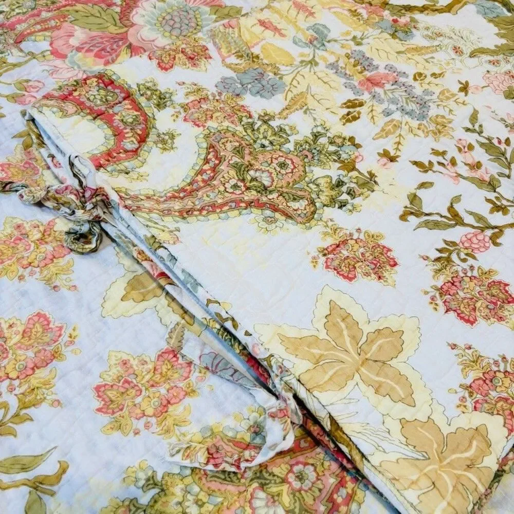 Pottery Barn Reversible Bird Floral Paisley Cotton King Quilt 2 Standard Shams